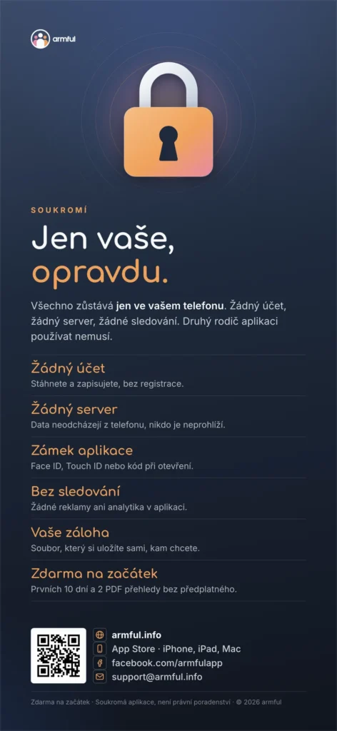 | Jen vaše, opravdu. Žádný účet, žádný server, zámek přes Face ID, Touch ID nebo kód.