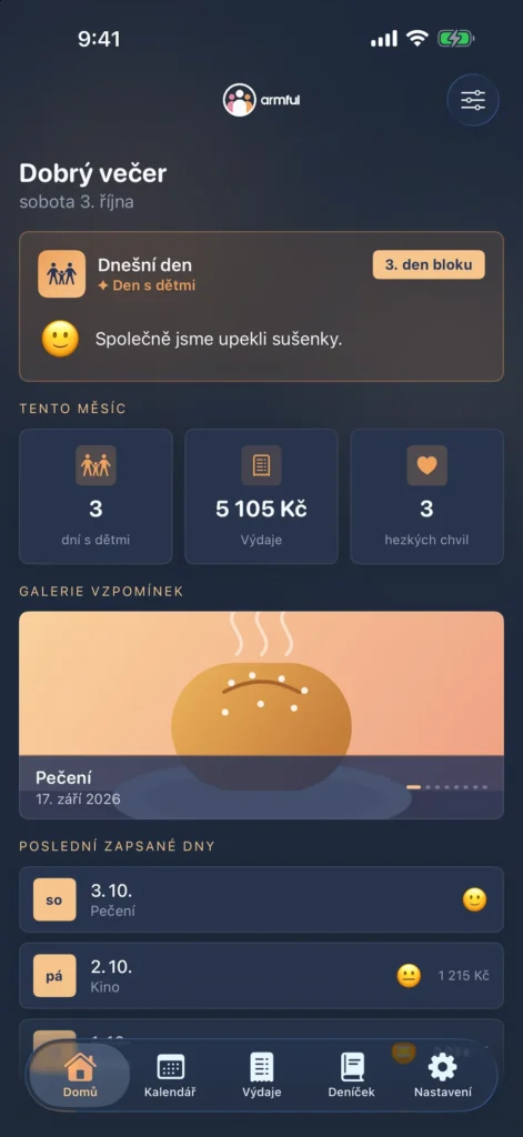 Domů. Přehled dneška, měsíční souhrn a galerie vzpomínek z vašich fotek.