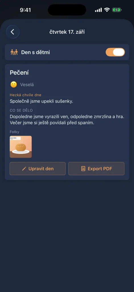 Detail dne. Zápis, fotky, úprava dne a export jednoho dne do PDF.
