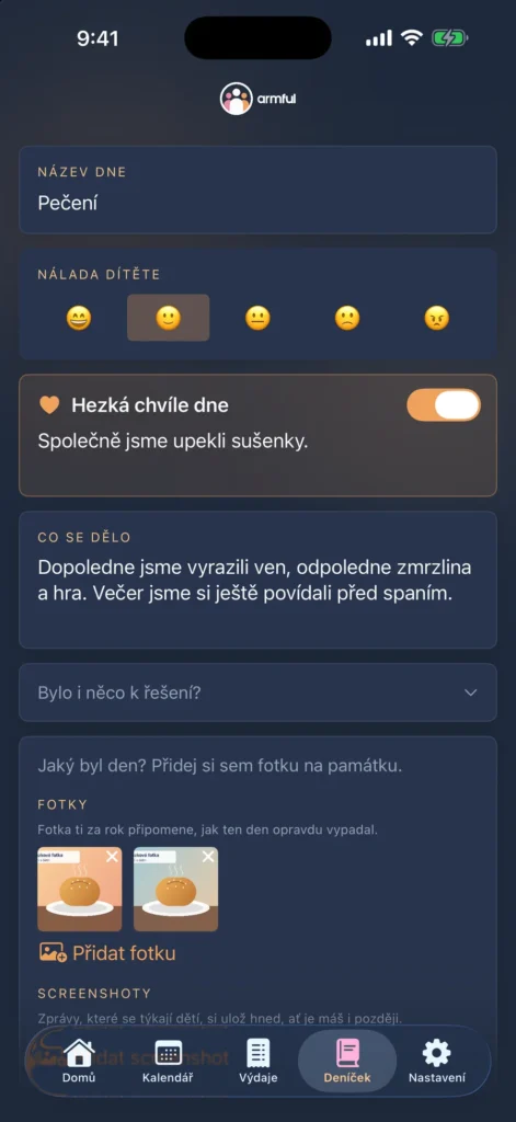 Deníček. Jeden věcný zápis na den, nálada dětí a hezké chvíle.