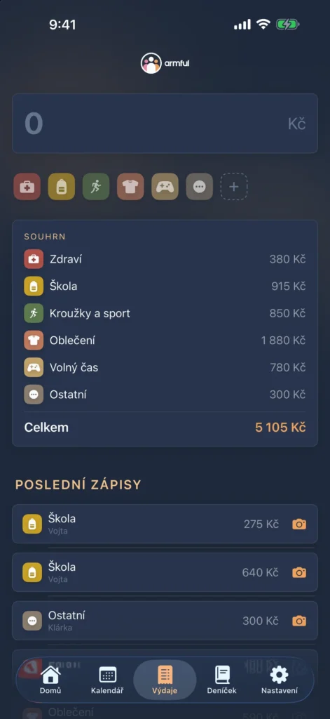 Výdaje. Částka a kategorie na dvě klepnutí, k tomu fotka účtenky.