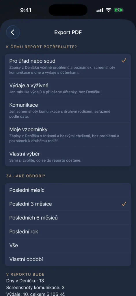 Export do PDF. Podle účelu (úřad, výdaje, komunikace, vzpomínky) a za zvolené období.