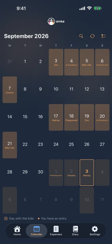 | Calendar. Days with the children come from your schedule, days with an entry show their name.