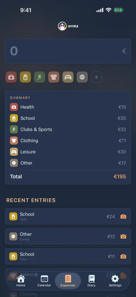 Expenses. An amount and a category in two taps, plus a photo of the receipt.