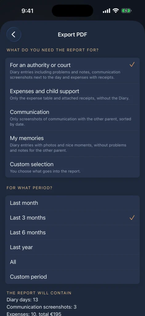 Export to PDF. By purpose (authority, expenses, communication, memories) and for the period you choose.